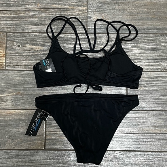 NWT California Waves Bikini Set Junior's Small OR Medium Black Ribbed Strappy - Picture 7 of 16